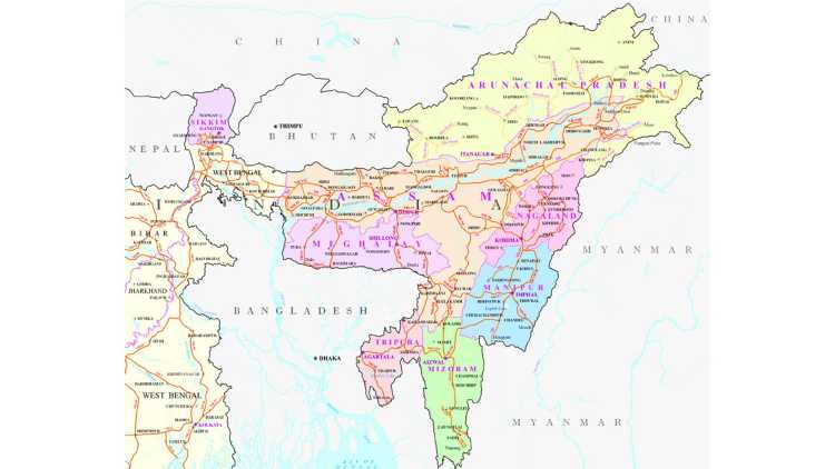 Map of India showing Northeast India and Its International Borders